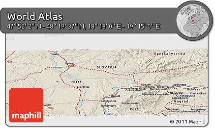 Shaded Relief Panoramic Map of the Area around 48° 5' 50" N, 18° 46' 29" E