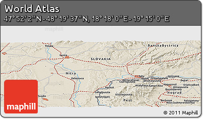 Shaded Relief Panoramic Map of the Area around 48° 5' 50" N, 18° 46' 29" E