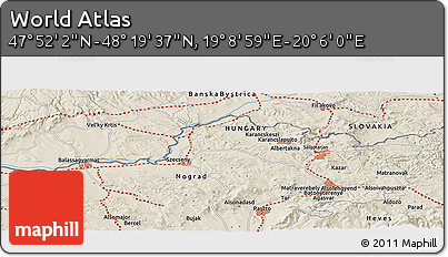 Shaded Relief Panoramic Map of the Area around 48° 5' 50" N, 19° 37' 30" E