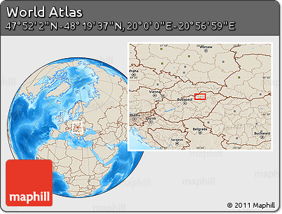 Shaded Relief Location Map of the Area around 48° 5' 50" N, 20° 28' 30" E