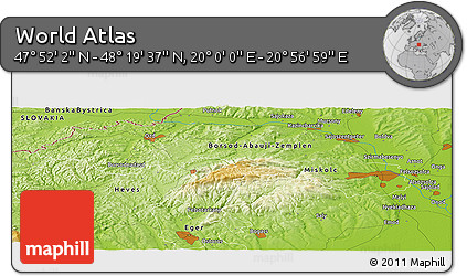 Physical Panoramic Map of the Area around 48° 5' 50" N, 20° 28' 30" E