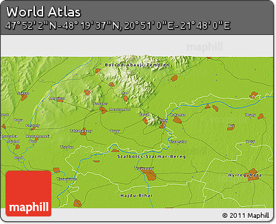 Physical 3D Map of the Area around 48° 5' 50" N, 21° 19' 30" E