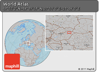 Gray Location Map of the Area around 48° 5' 50" N, 21° 19' 30" E, hill shading