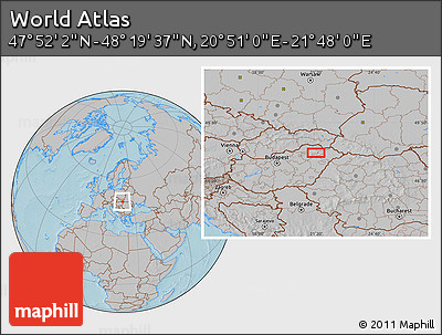 Gray Location Map of the Area around 48° 5' 50" N, 21° 19' 30" E, hill shading