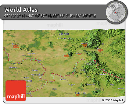 Satellite 3D Map of the Area around 48° 5' 50" N, 23° 1' 29" E