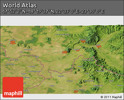 Satellite 3D Map of the Area around 48° 5' 50" N, 23° 1' 29" E