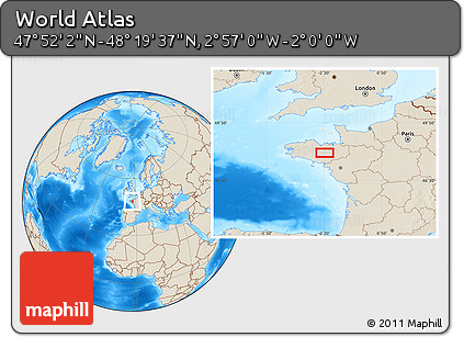 Shaded Relief Location Map of the Area around 48° 5' 50" N, 2° 28' 30" W
