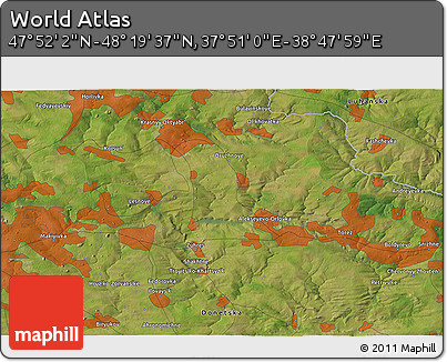 Satellite 3D Map of the Area around 48° 5' 50" N, 38° 19' 30" E