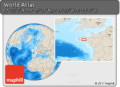 Shaded Relief Location Map of the Area around 48° 5' 50" N, 3° 19' 30" W