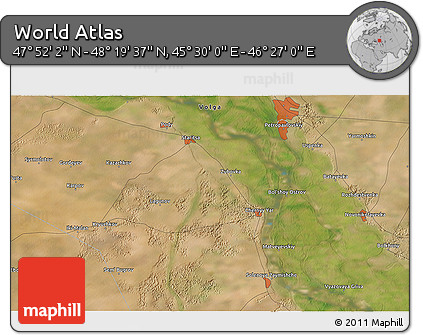 Satellite 3D Map of the Area around 48° 5' 50" N, 45° 58' 30" E