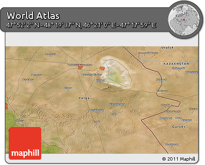 Satellite 3D Map of the Area around 48° 5' 50" N, 46° 49' 30" E
