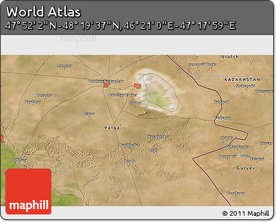 Satellite 3D Map of the Area around 48° 5' 50" N, 46° 49' 30" E