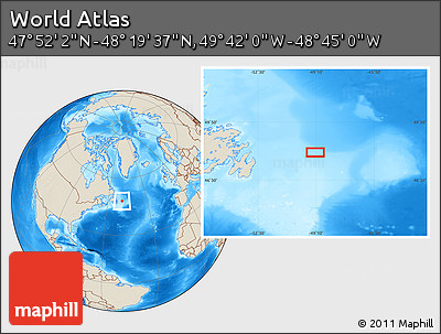 Shaded Relief Location Map of the Area around 48° 5' 50" N, 49° 13' 30" W