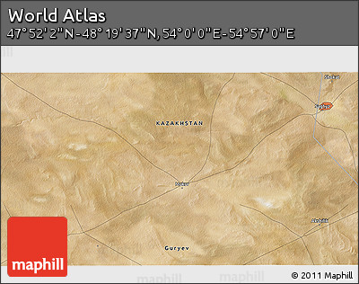 Satellite 3D Map of the Area around 48° 5' 50" N, 54° 28' 30" E