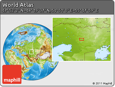 Physical Location Map of the Area around 48° 5' 50" N, 55° 19' 30" E