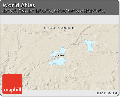 Shaded Relief 3D Map of the Area around 48° 5' 50" N, 55° 10' 29" W