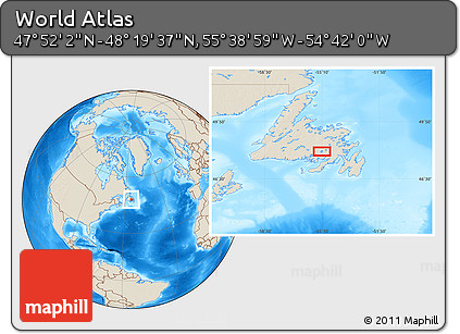 Shaded Relief Location Map of the Area around 48° 5' 50" N, 55° 10' 29" W