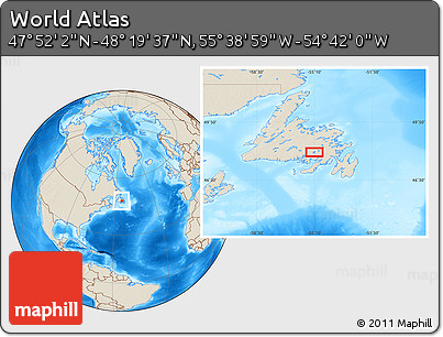 Shaded Relief Location Map of the Area around 48° 5' 50" N, 55° 10' 29" W
