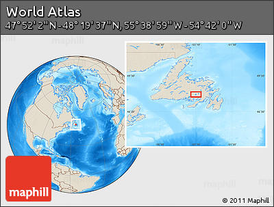 Shaded Relief Location Map of the Area around 48° 5' 50" N, 55° 10' 29" W