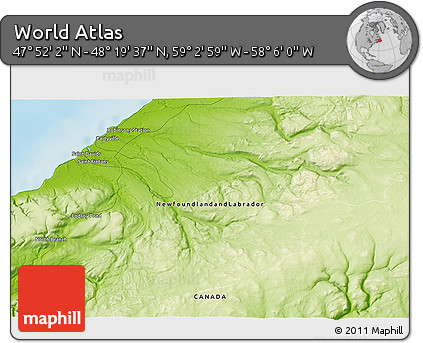 Physical 3D Map of the Area around 48° 5' 50" N, 58° 34' 30" W