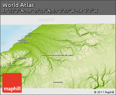 Physical 3D Map of the Area around 48° 5' 50" N, 58° 34' 30" W