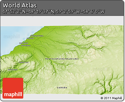 Physical 3D Map of the Area around 48° 5' 50" N, 58° 34' 30" W