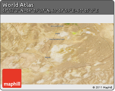 Satellite 3D Map of the Area around 48° 5' 50" N, 61° 16' 29" E