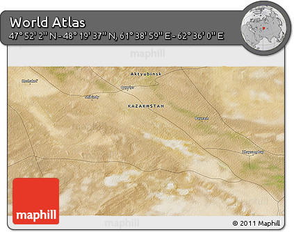Satellite 3D Map of the Area around 48° 5' 50" N, 62° 7' 30" E