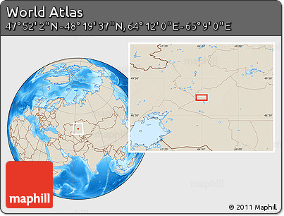 Shaded Relief Location Map of the Area around 48° 5' 50" N, 64° 40' 30" E