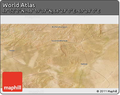 Satellite 3D Map of the Area around 48° 5' 50" N, 68° 55' 30" E