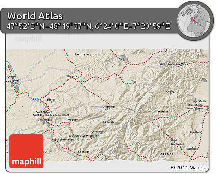 Shaded Relief 3D Map of the Area around 48° 5' 50" N, 6° 52' 30" E