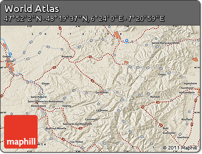 Shaded Relief Map of the Area around 48° 5' 50" N, 6° 52' 30" E