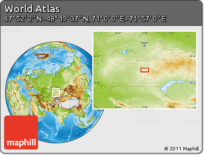 Physical Location Map of the Area around 48° 5' 50" N, 71° 28' 29" E
