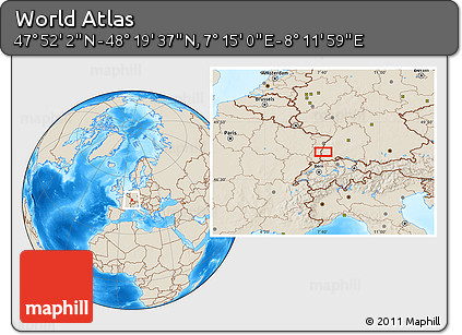 Shaded Relief Location Map of the Area around 48° 5' 50" N, 7° 43' 29" E