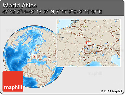 Shaded Relief Location Map of the Area around 48° 5' 50" N, 7° 43' 29" E