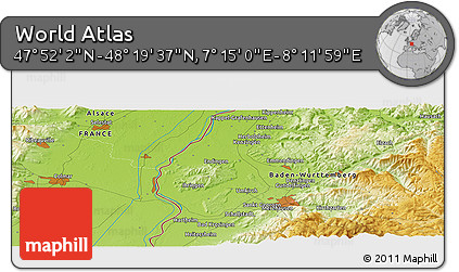 Physical Panoramic Map of the Area around 48° 5' 50" N, 7° 43' 29" E