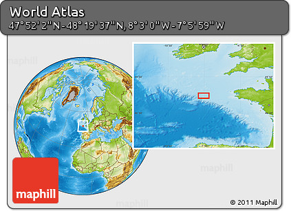 Physical Location Map of the Area around 48° 5' 50" N, 7° 34' 30" W