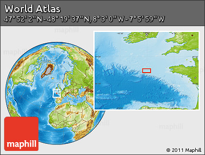 Physical Location Map of the Area around 48° 5' 50" N, 7° 34' 30" W