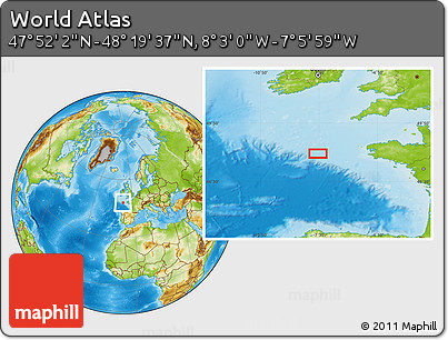 Physical Location Map of the Area around 48° 5' 50" N, 7° 34' 30" W