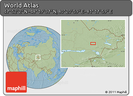 Savanna Style Location Map of the Area around 48° 5' 50" N, 80° 49' 29" E, hill shading