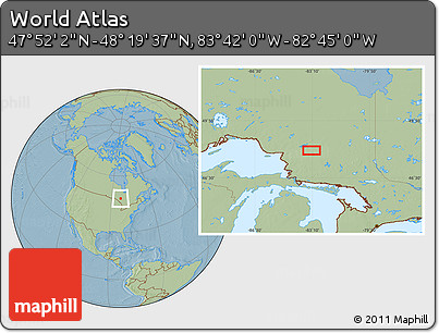 Savanna Style Location Map of the Area around 48° 5' 50" N, 83° 13' 29" W, hill shading