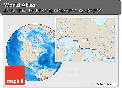 Shaded Relief Location Map of the Area around 48° 5' 50" N, 83° 13' 29" W