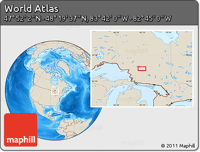 Shaded Relief Location Map of the Area around 48° 5' 50" N, 83° 13' 29" W