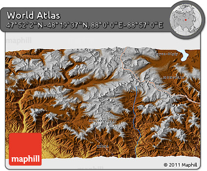 Physical 3D Map of the Area around 48° 5' 50" N, 88° 28' 29" E