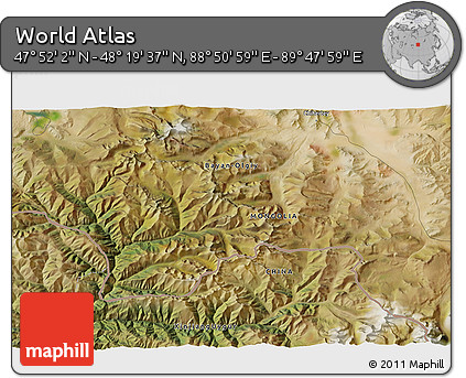 Satellite 3D Map of the Area around 48° 5' 50" N, 89° 19' 29" E
