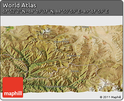 Satellite 3D Map of the Area around 48° 5' 50" N, 89° 19' 29" E