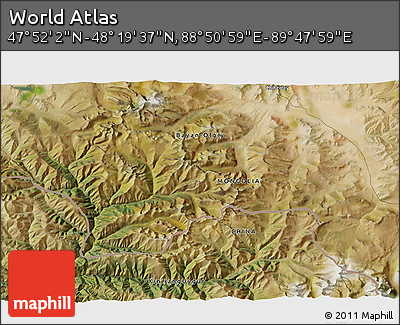 Satellite 3D Map of the Area around 48° 5' 50" N, 89° 19' 29" E