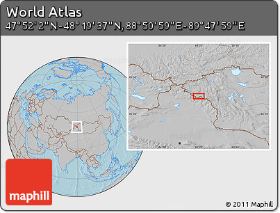 Gray Location Map of the Area around 48° 5' 50" N, 89° 19' 29" E, hill shading
