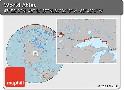 Gray Location Map of the Area around 48° 5' 50" N, 89° 10' 30" W, hill shading