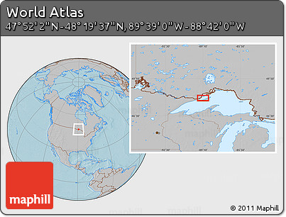 Gray Location Map of the Area around 48° 5' 50" N, 89° 10' 30" W, hill shading